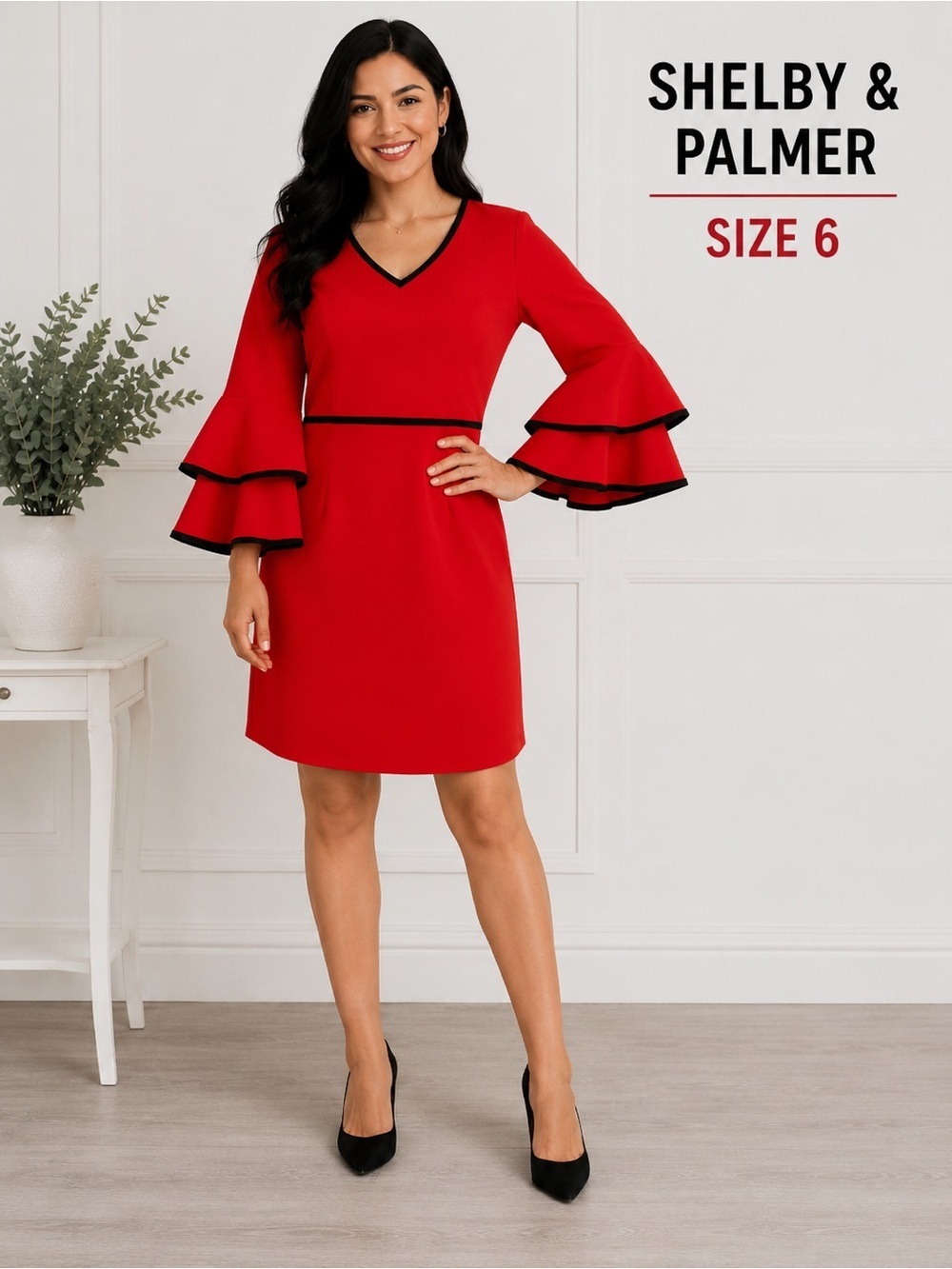 SHELBY & PALMER bell sleeves fashion chic cottagecore elegant  red dress/ size 6